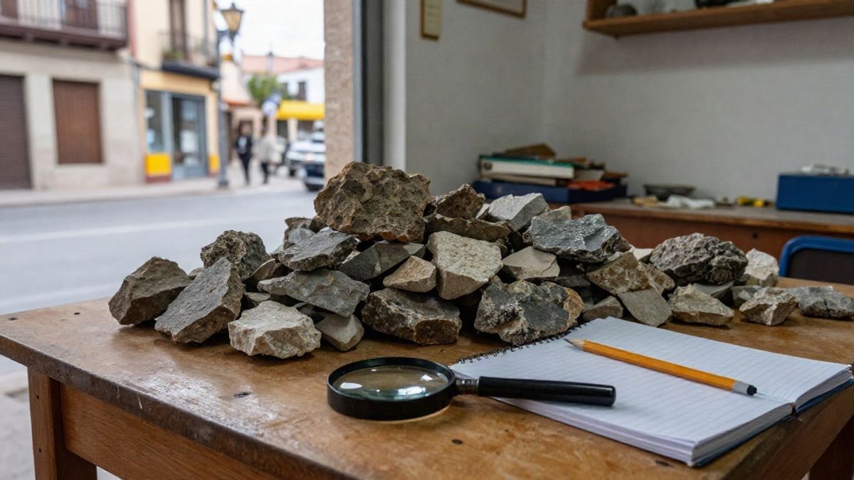 Imagen ilustrativa: muestras de rocas y una lupa sobre una mesa de taller