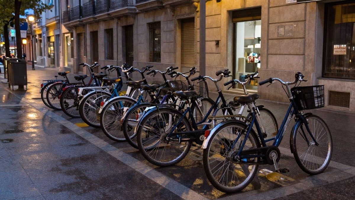 Imagen ilustrativa: bicicletas aparcadas en un soporte público en una calle urbana de noche, iluminadas por farolas