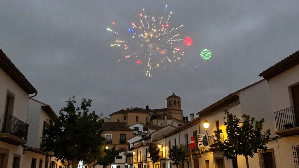 Imagen ilustrativa: fuegos artificiales iluminando el cielo nocturno sobre un pueblo, con siluetas de edificios y árboles en primer plano.