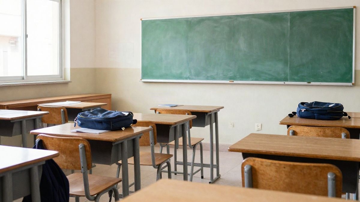 Imagen ilustrativa: aula escolar genérica con pupitres vacíos y luz de ventana lateral