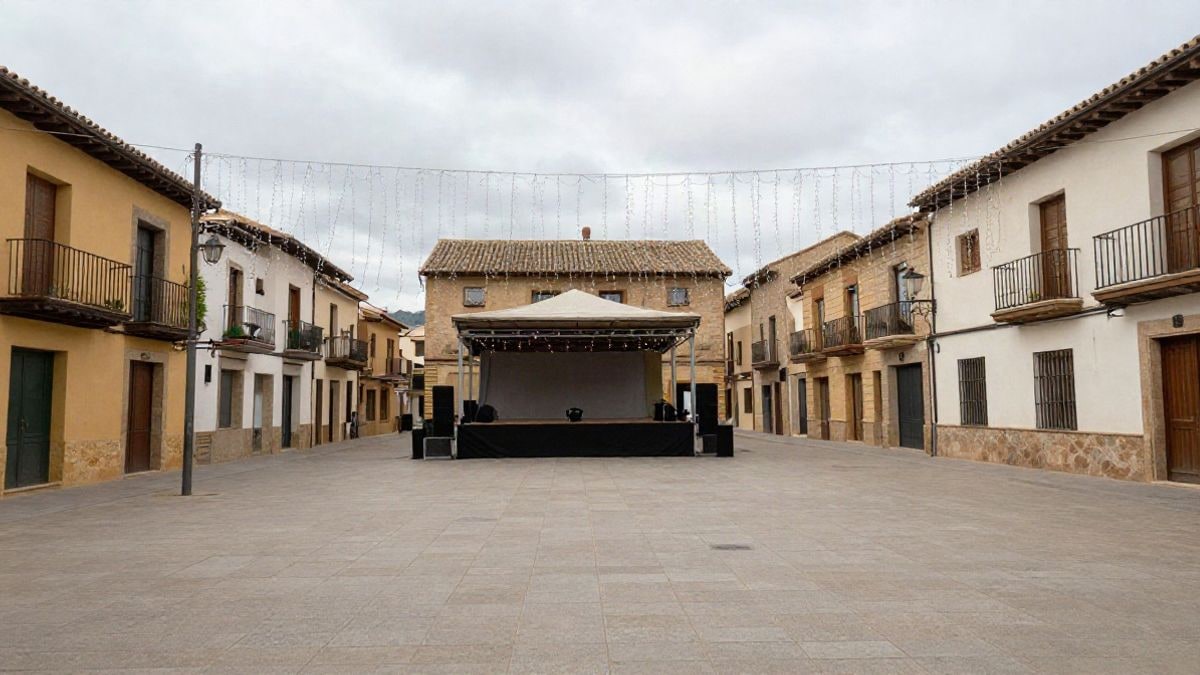 Imagen ilustrativa: plaza de un pueblo catalán engalanada con luces y banderines para una fiesta mayor, con un escenario al fondo.
