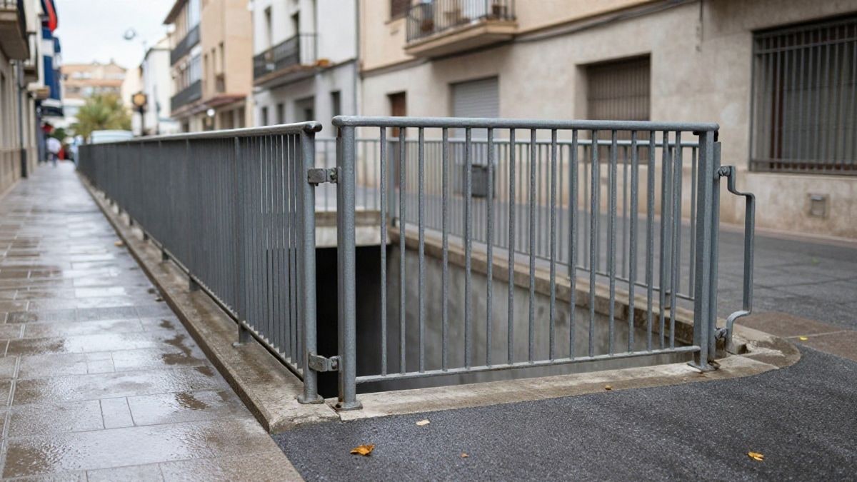 Imagen ilustrativa: compuerta metálica cerrada en la entrada de un paso subterráneo urbano con el asfalto mojado