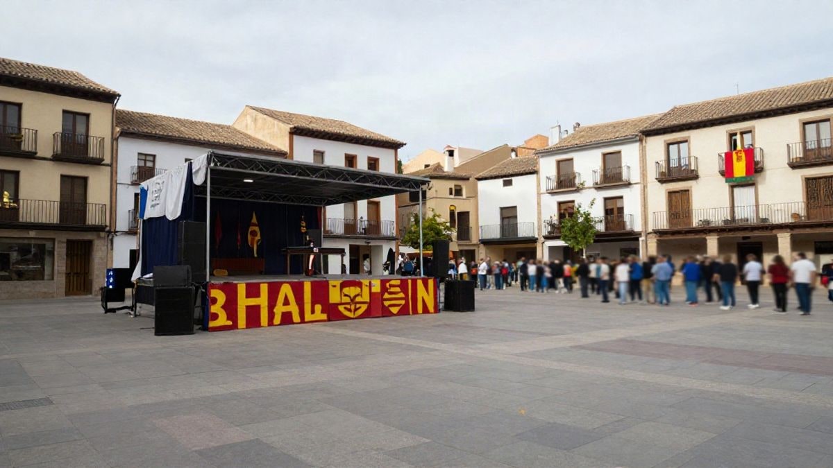 Imagen ilustrativa: plaza de una ciudad con decoración festiva y escenario para un pregón, sin personas.