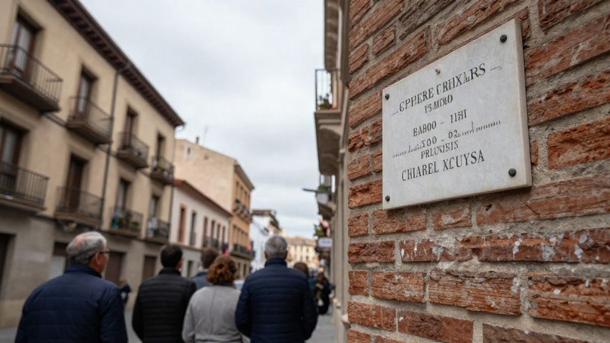 Imagen ilustrativa: placa conmemorativa en una pared de ladrillo visto de un edificio antiguo, con cielo de fondo.