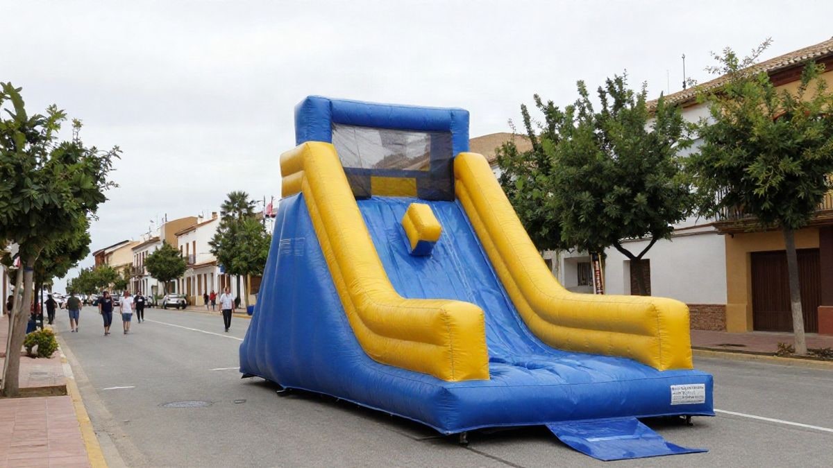 Imagen ilustrativa: un tobogán acuático gigante instalado en una avenida de un pueblo, con algunas personas de fondo sin rostros reconocibles.