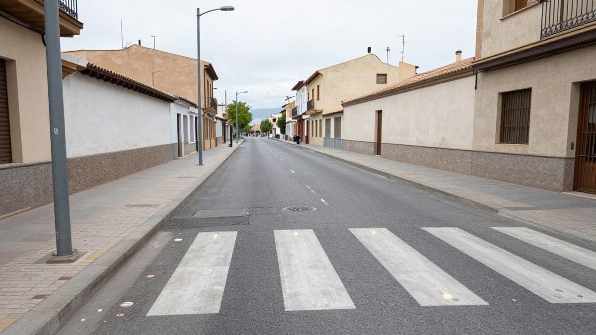 Imagen ilustrativa: un paso de peatones en una calle española con pequeñas luces LED integradas en el asfalto, sin personas visibles