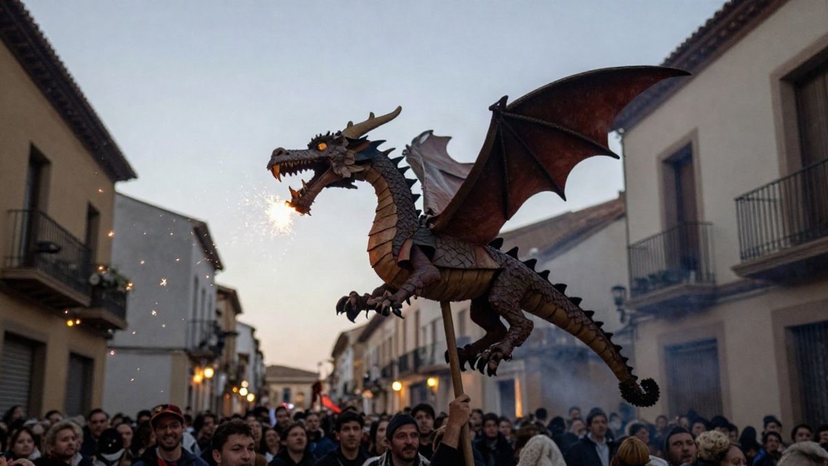 Imagen ilustrativa: un dragón de correfoc con fuegos artificiales durante una fiesta callejera nocturna.