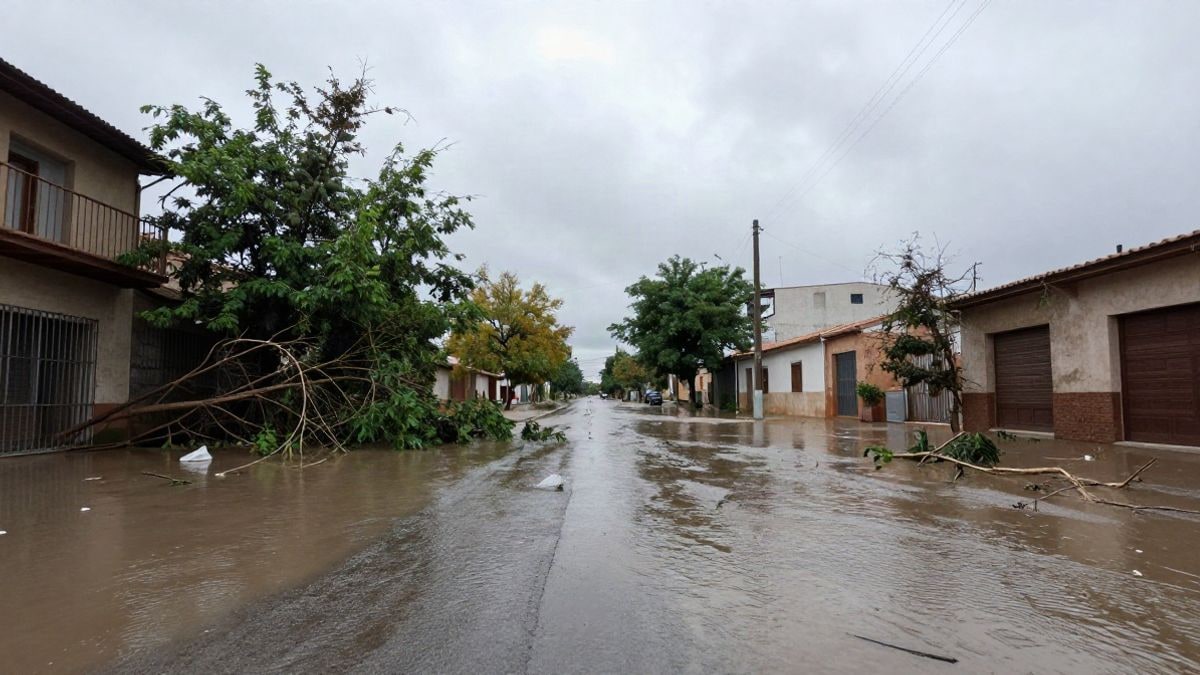 Imagen ilustrativa: calle inundada con ramas caídas y cielo nublado