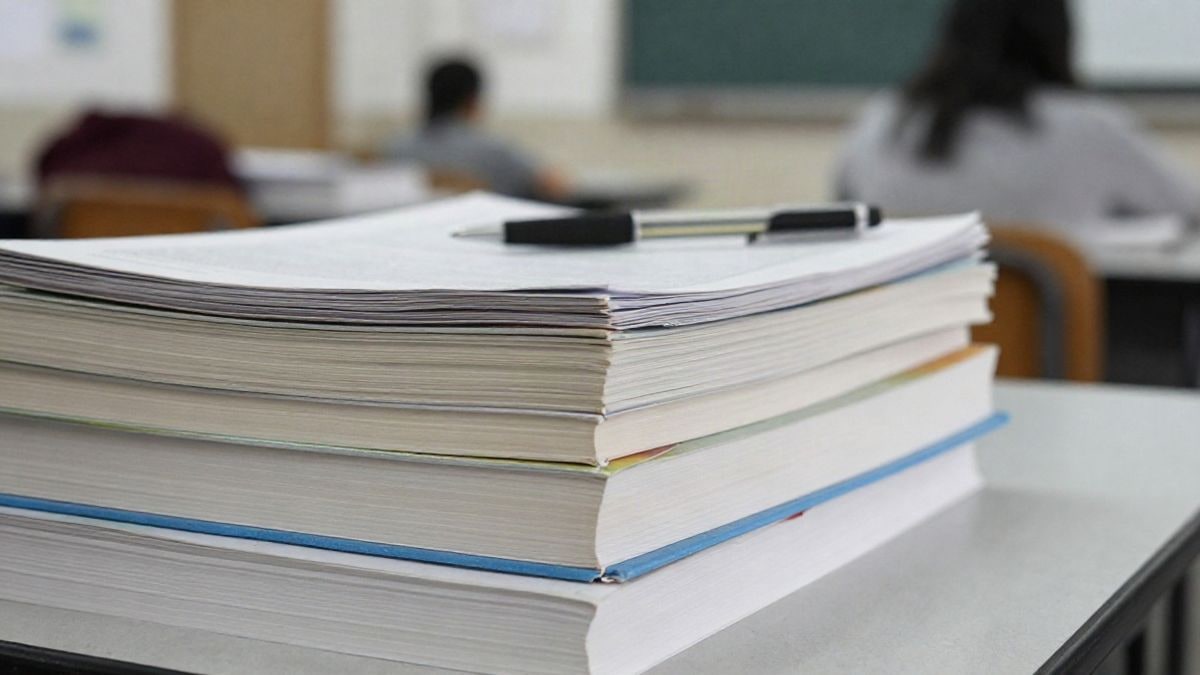 Imagen ilustrativa: primer plano de libros de texto y un bolígrafo sobre una mesa, con un aula desenfocada al fondo