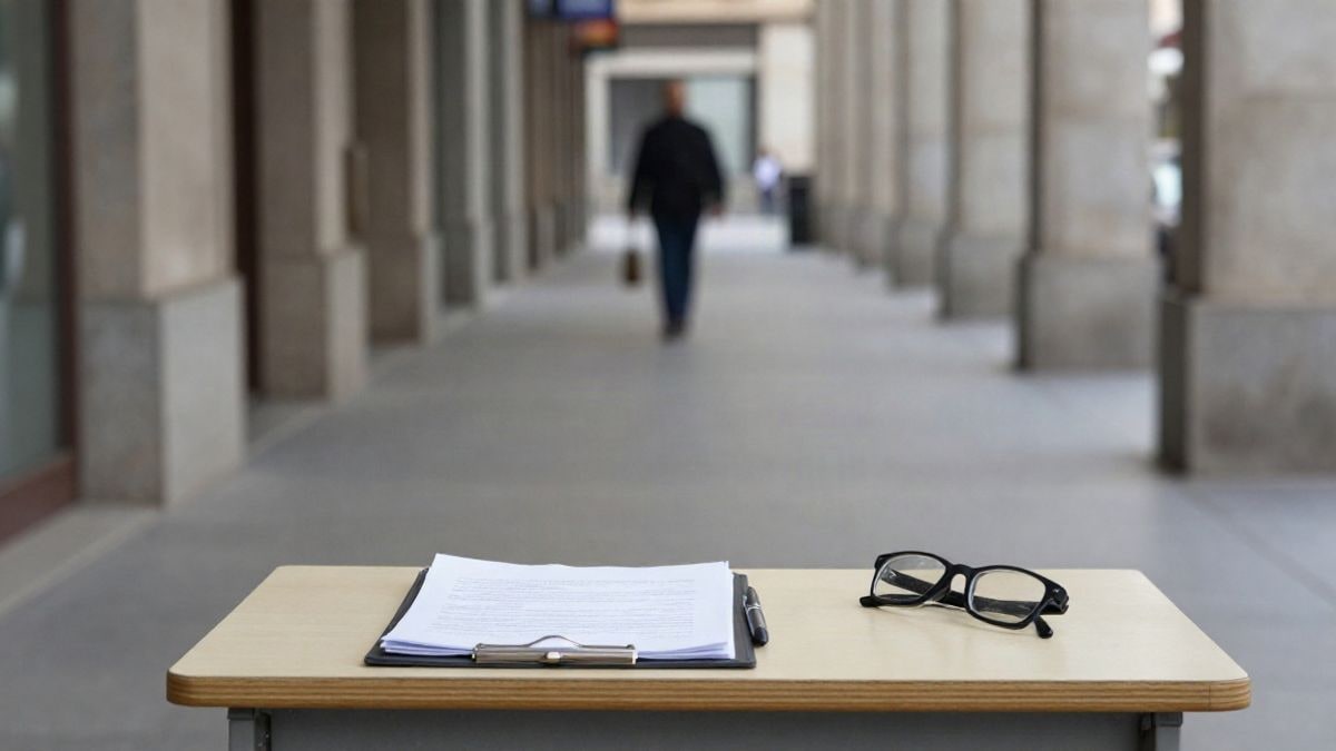 Imagen ilustrativa: una mesa de oficina con documentos y gafas de lectura en primer plano y un pasillo municipal al fondo