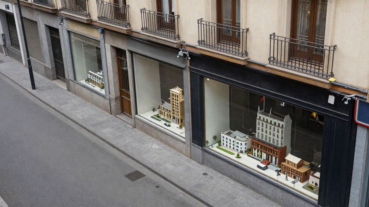 Imagen ilustrativa: vista cenital de una calle con escaparates que muestran pequeñas maquetas de arquitectura