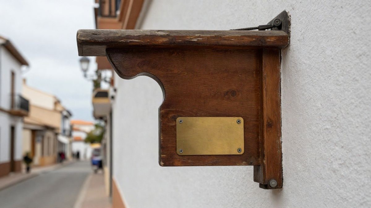 Imagen ilustrativa: detalle de un soporte de madera y una placa en una fachada