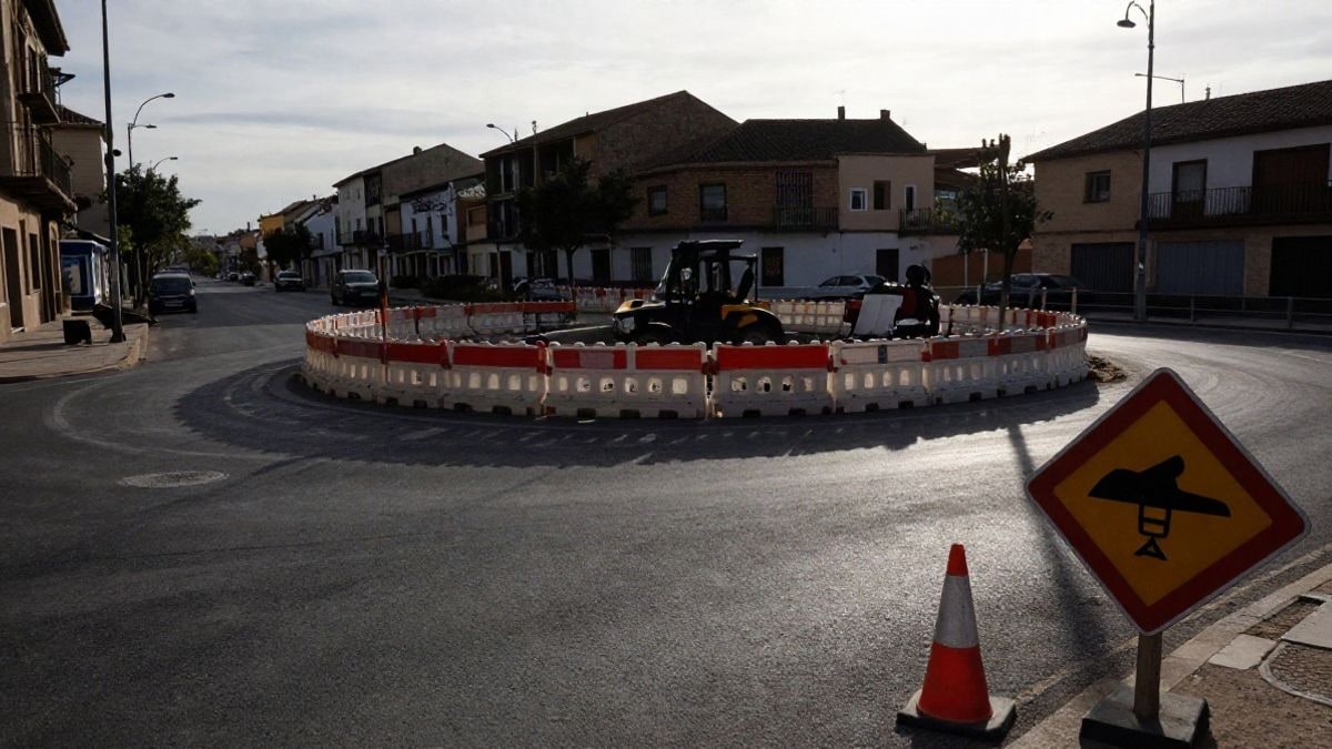 Imagen ilustrativa: obras de construcción de una rotonda con barreras y señal de desvío al atardecer