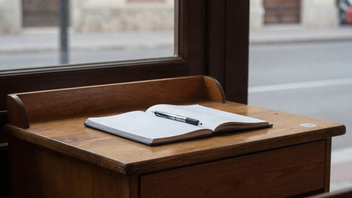 Imagen ilustrativa: detalle de una mesa de madera con un cuaderno cerrado y un bolígrafo