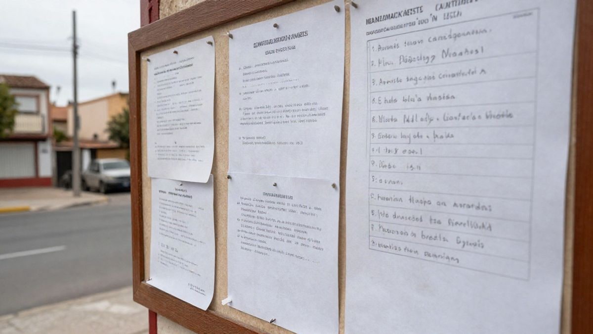 Imagen ilustrativa: tablón de anuncios comunitario con papeles y notas manuscritas en un barrio residencial