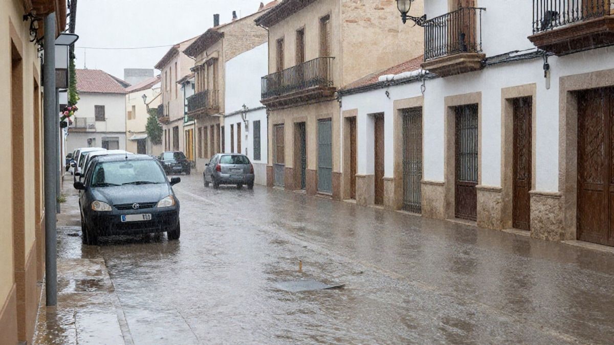 Imagen ilustrativa: calle inundada con lluvia intensa y coches aparcados, ambiente gris y nublado