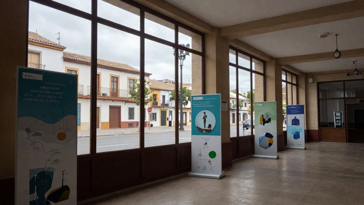 Imagen ilustrativa: interior de un teatro municipal con paneles expositivos y luz de ventana lateral