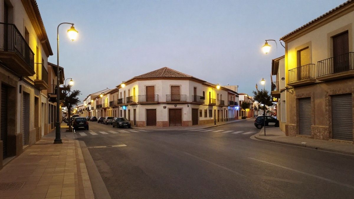 Imagen ilustrativa: solar vacío en un centro urbano español iluminado por farolas por la noche