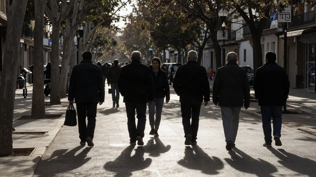 Imagen ilustrativa: siluetas de personas mayores paseando al atardecer por una rambla arbolada