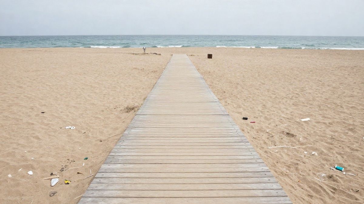 Imagen ilustrativa: gran angular de una playa mediterránea con restos de plástico en la arena y una pasarela de madera