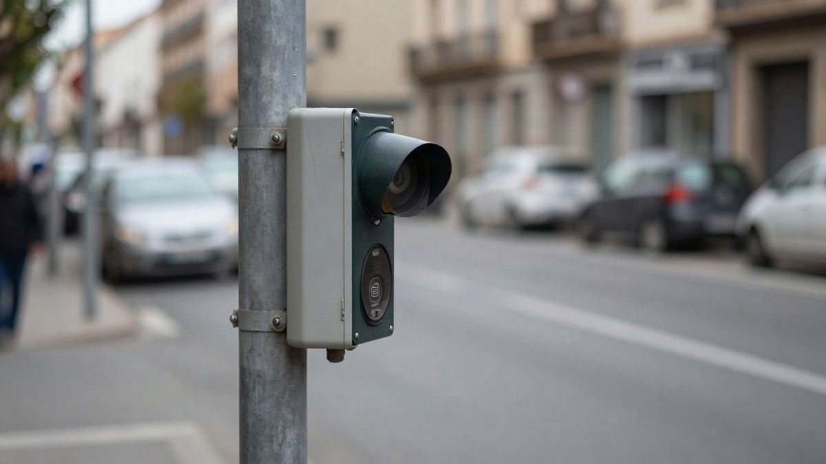 Imagen ilustrativa: detalle de un sensor de tráfico instalado en un poste metálico en una calle urbana