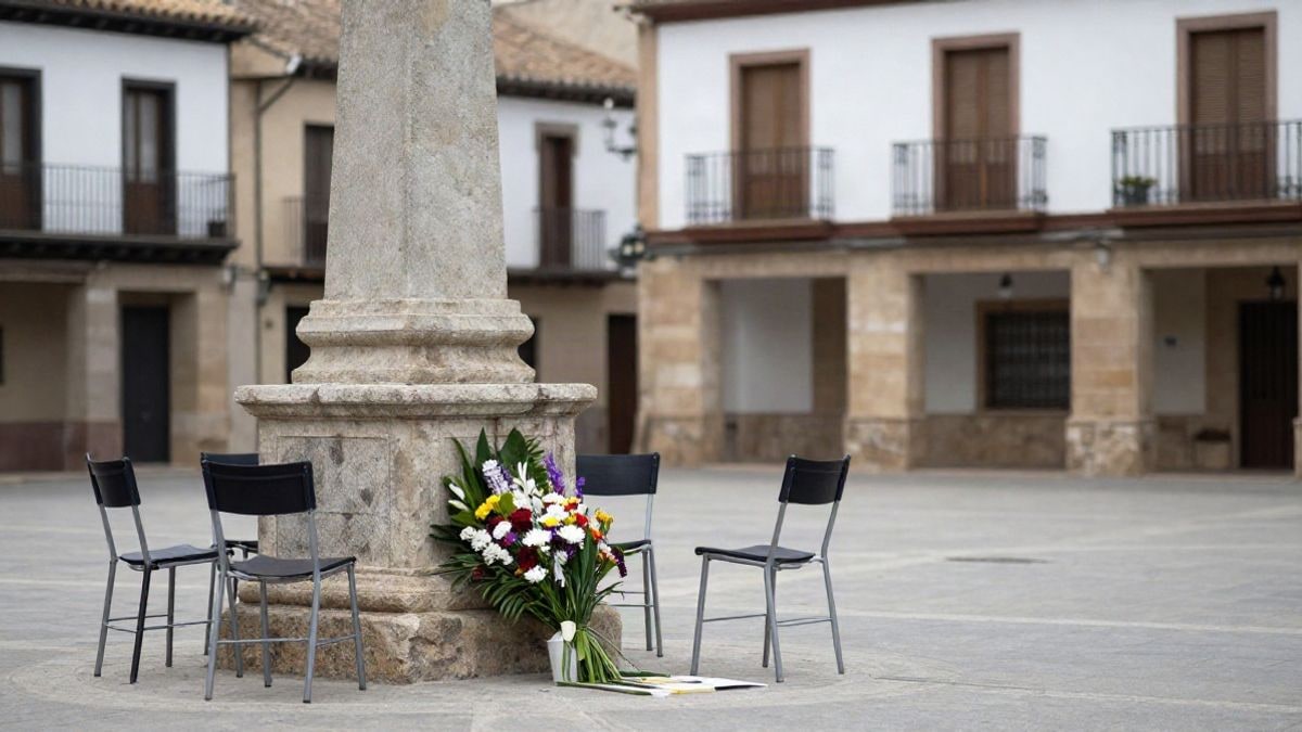 Imagen ilustrativa: plaza de pueblo con monumento de piedra y ofrenda floral, vista lateral