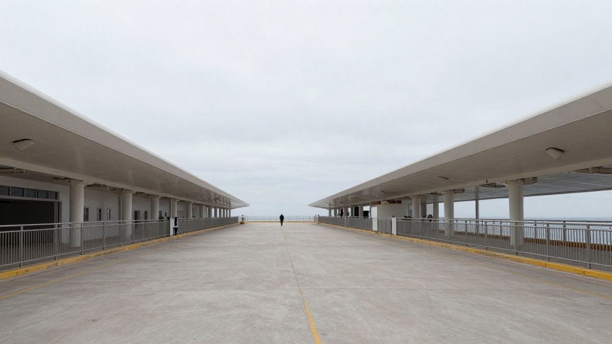 Imagen ilustrativa: pasarela vacía de una terminal de cruceros con una figura lejana de espaldas