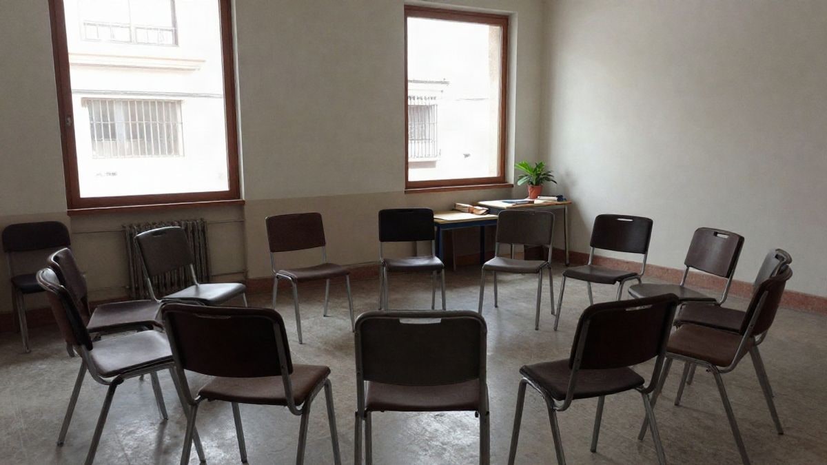Imagen ilustrativa: sala comunitaria con sillas en círculo y luz natural, sin personas