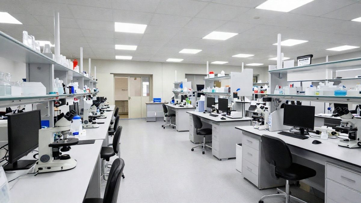 Imagen ilustrativa: interior de un laboratorio de investigación con equipos y puestos de trabajo vacíos