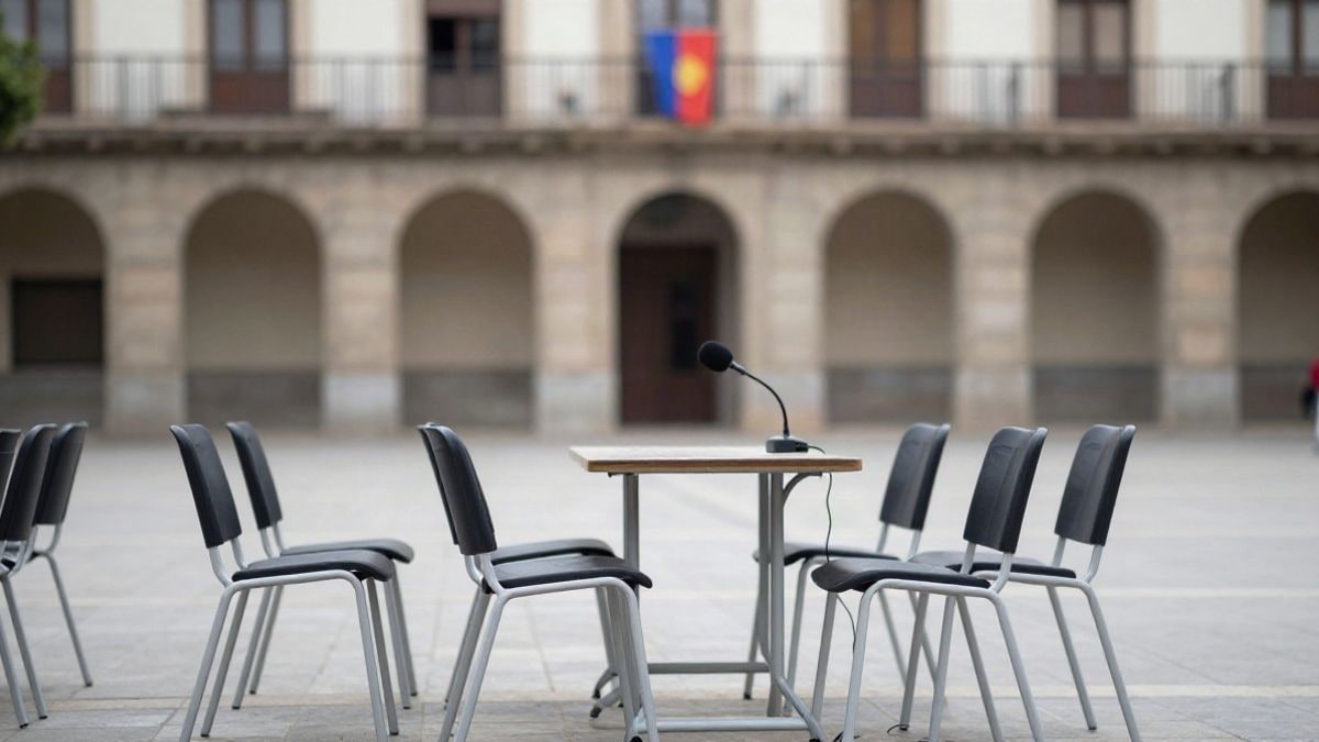 Imagen ilustrativa: sillas vacías y mesa con micrófono en una plaza pública durante un acto vecinal