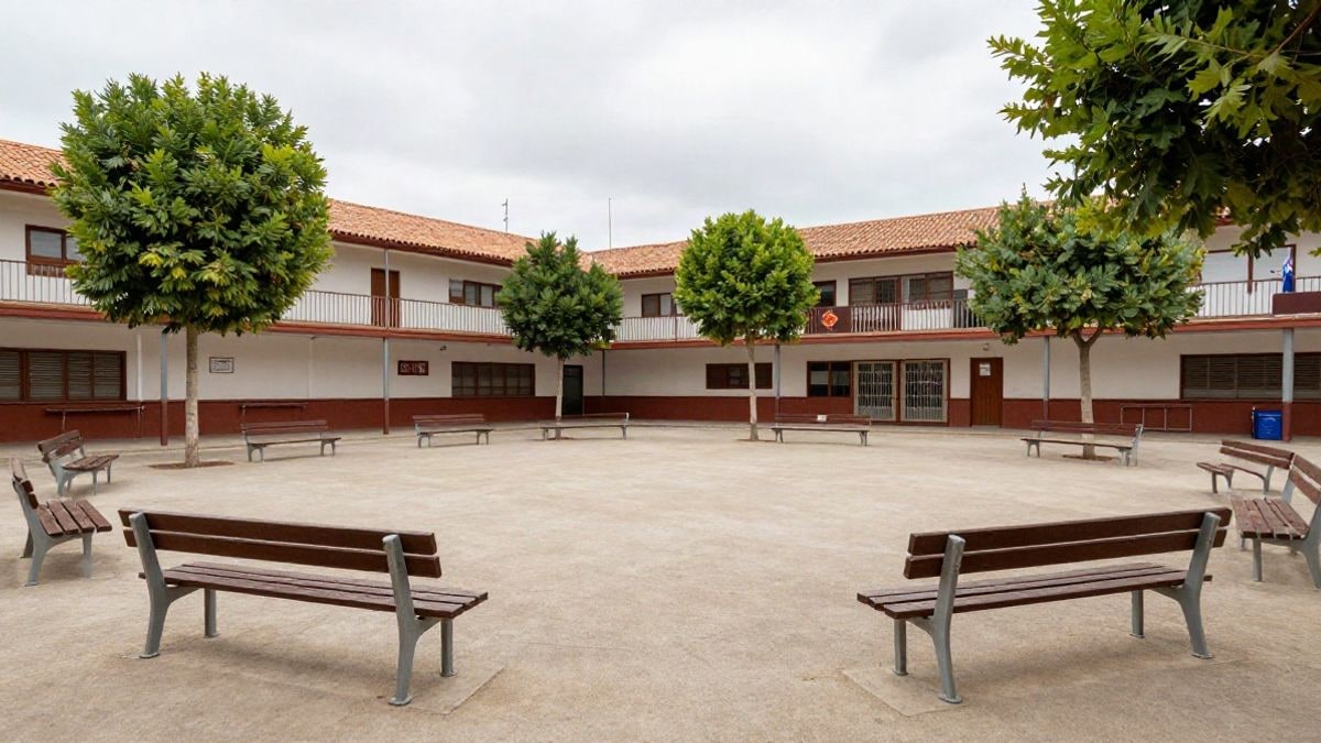 Imagen ilustrativa: patio de una escuela con columpios y toboganes, sin personas, en un día nublado.