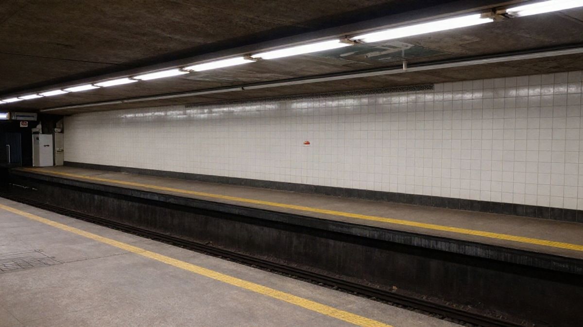 Imagen ilustrativa: vista cenital de un andén de metro vacío con paredes alicatadas y luces fluorescentes