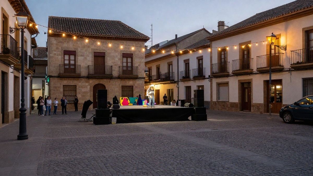 Imagen ilustrativa: plaza española iluminada con luces de colores y un escenario vacío durante un festival nocturno.
