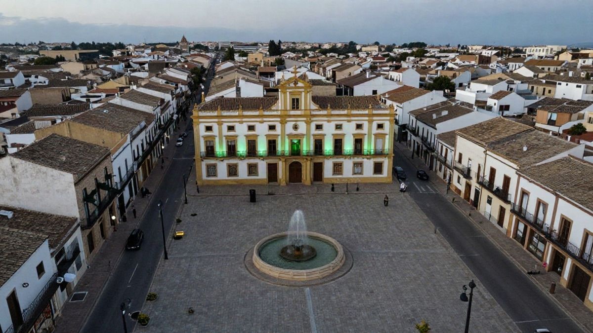 Imagen ilustrativa: vista cenital de una plaza con fuente y edificio municipal iluminado de verde