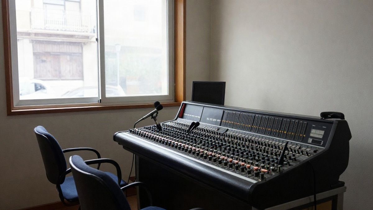 Imagen ilustrativa: un estudio de radio con micrófonos y mesa de mezclas vacíos
