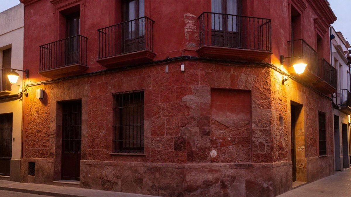 Imagen ilustrativa: fachada de un edificio de piedra iluminada con luz roja al anochecer