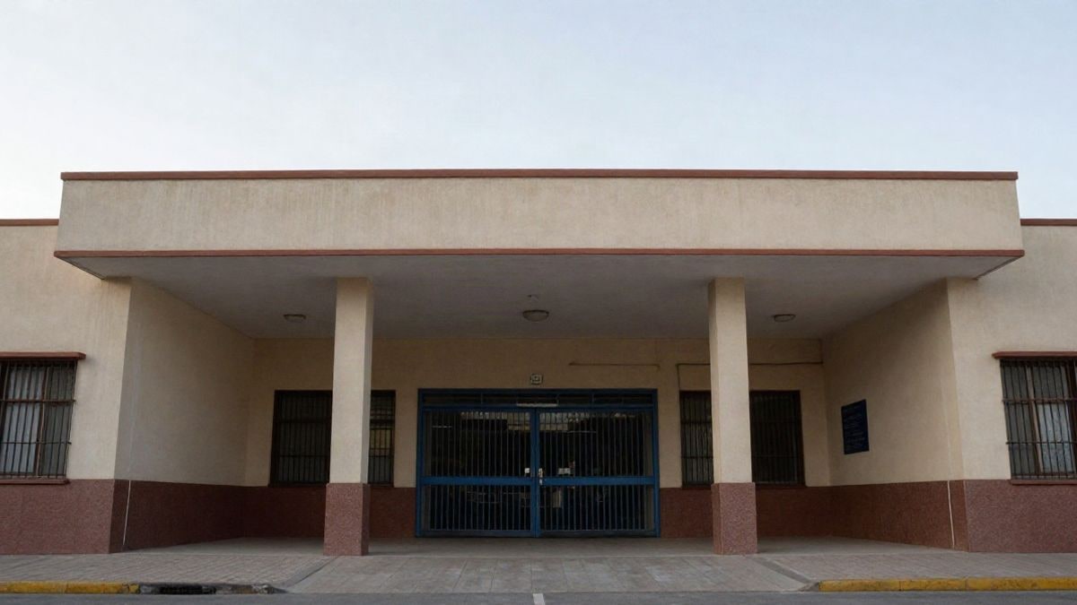 Imagen ilustrativa: ángulo bajo de la entrada de un centro escolar con el cielo despejado al fondo