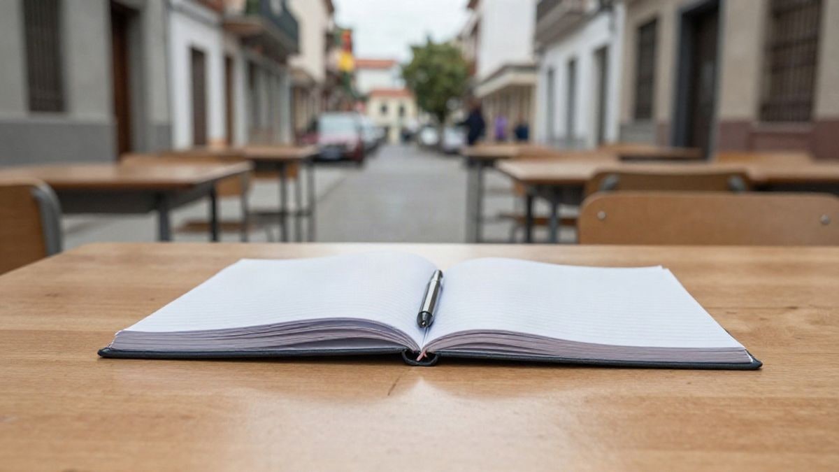 Imagen ilustrativa: detalle de una mesa de madera con un cuaderno abierto en un aula comunitaria