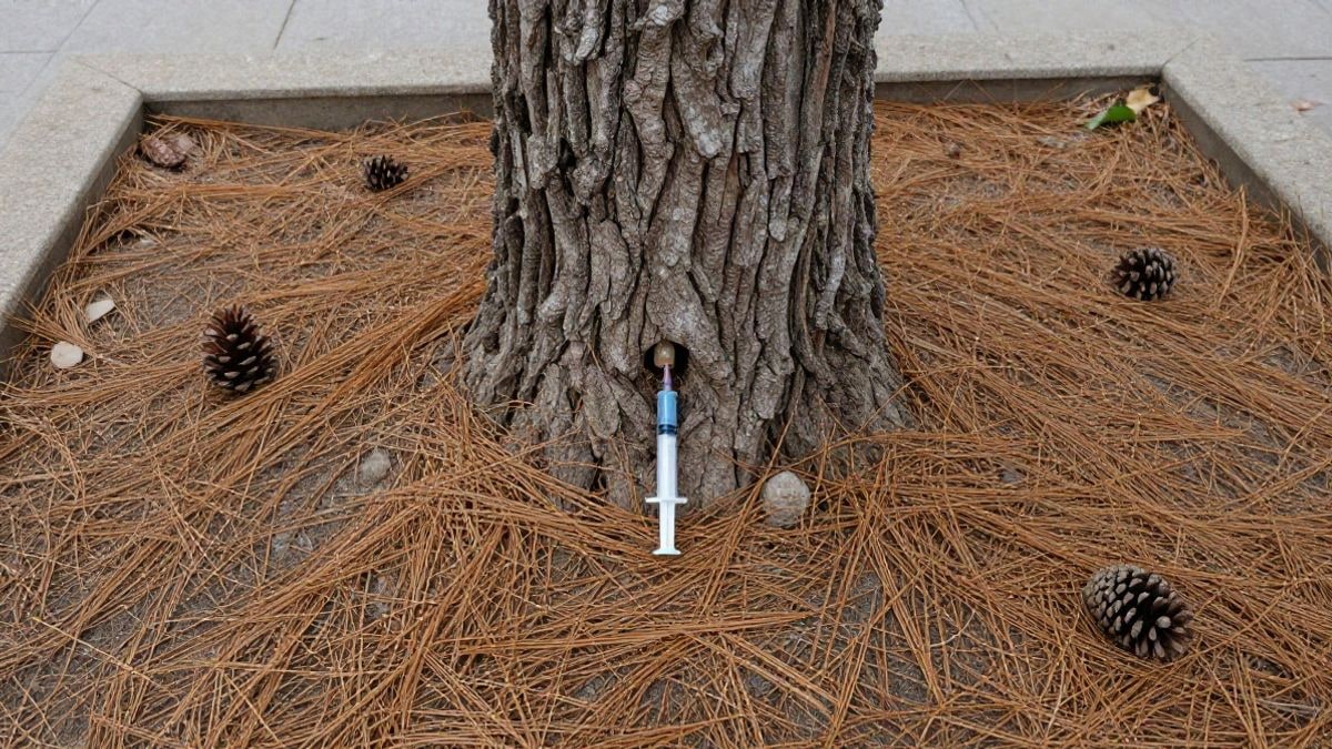 Imagen ilustrativa: vista cenital de un tronco de árbol con un puerto de inyección y una jeringuilla, rodeado de agujas de pino