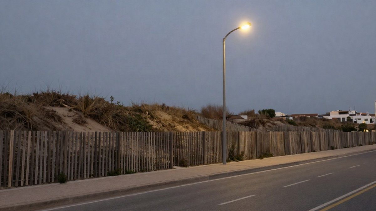 Imagen ilustrativa: zona de dunas costeras con valla de madera y vegetación baja iluminada por una farola