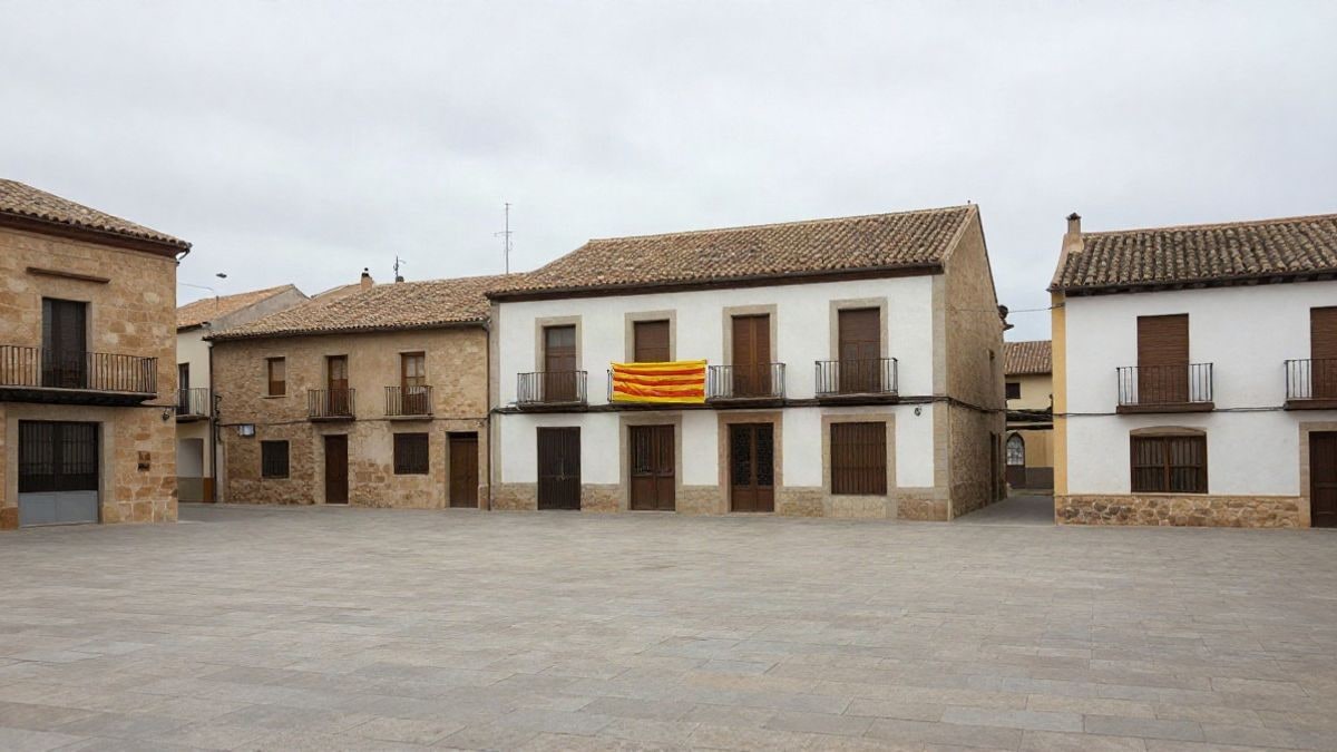 Imagen ilustrativa: plaza vacía con bandera catalana en un balcón municipal