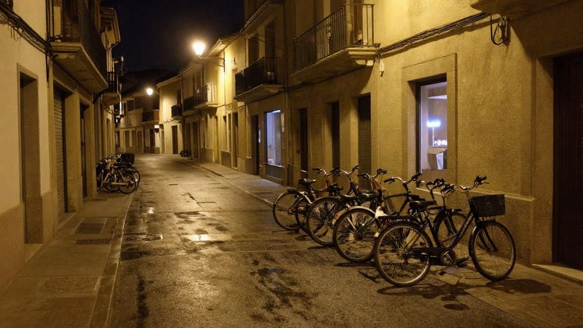Imagen ilustrativa: bicicletas aparcadas en una calle de noche bajo farolas