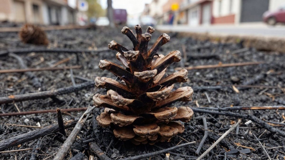 Imagen ilustrativa: primer plano de una piña carbonizada en el suelo tras un incendio forestal