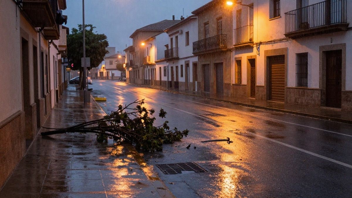 Imagen ilustrativa: calle residencial de noche bajo la lluvia intensa, con el asfalto mojado y ramas caídas en la acera