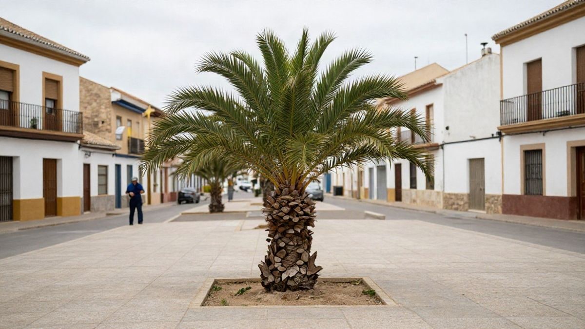 Imagen ilustrativa: un tocón de palmera en una plaza española con edificios al fondo
