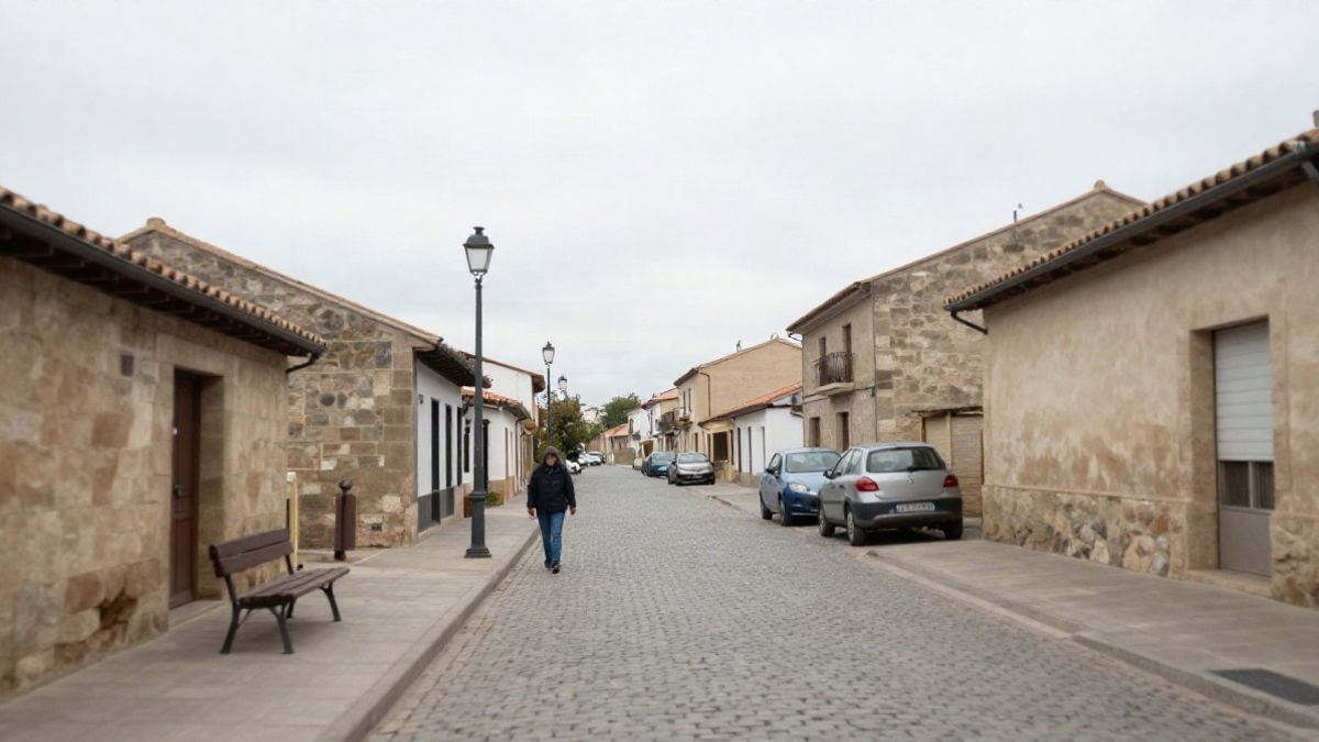 Imagen ilustrativa: una plaza de pueblo con casas de piedra y una calle vacía en un día nublado