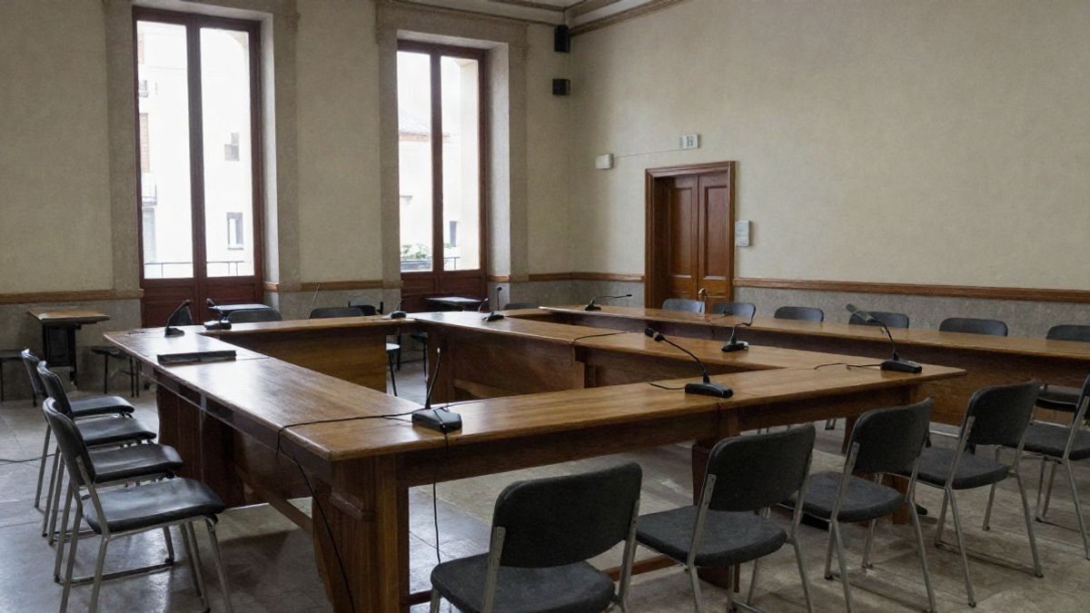 Imagen ilustrativa: sala de prensa vacía con sillas y micrófonos en un palacio histórico