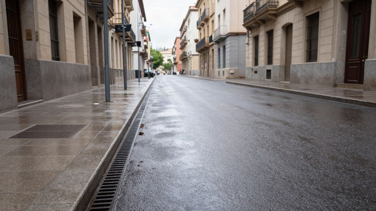 Imagen ilustrativa: calle mojada por la lluvia con el agua corriendo por la acera