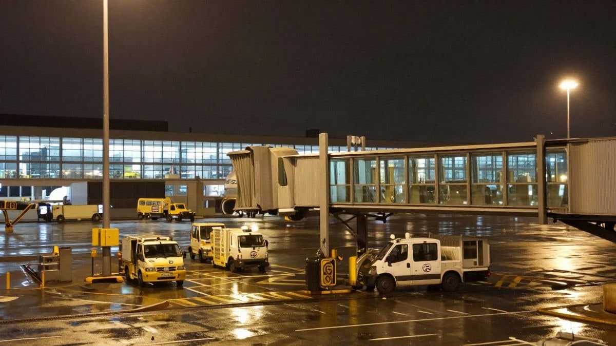 Imagen ilustrativa: pasarela de embarque y vehículos de servicio en una plataforma aeroportuaria de noche bajo focos