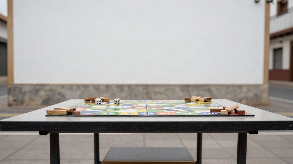 Imagen ilustrativa: mesa con un juego de mesa y dados al aire libre bajo un cielo despejado
